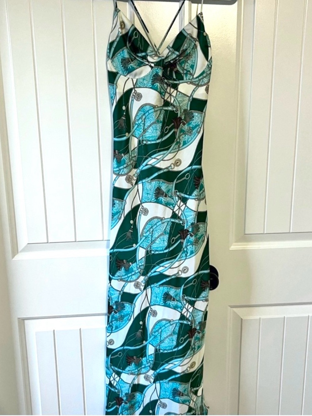 Women’s Satin Green & White, Rope & Tassels Patterned strappy dress